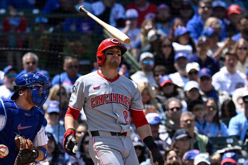 May 31, 2025; Chicago, Illinois, USA;  Cincinnati Reds outfielder TJ Friedl (29) flips his bat after striking out swing during the third inning against the Chicago Cubs at Wrigley Field. Mandatory Credit: Matt Marton-Imagn Images