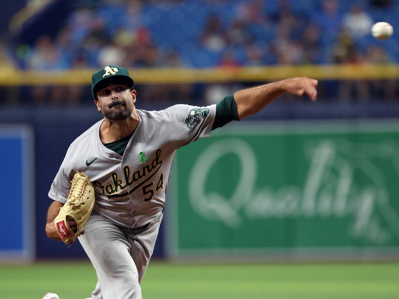 May 30, 2024; St. Petersburg, Florida, USA; Oakland Athletics relief pitcher Scott Alexander (54) throws a pitch against the Tampa Bay Rays during the seventh inning at Tropicana Field. Mandatory Credit: Kim Klement Neitzel-USA TODAY Sports