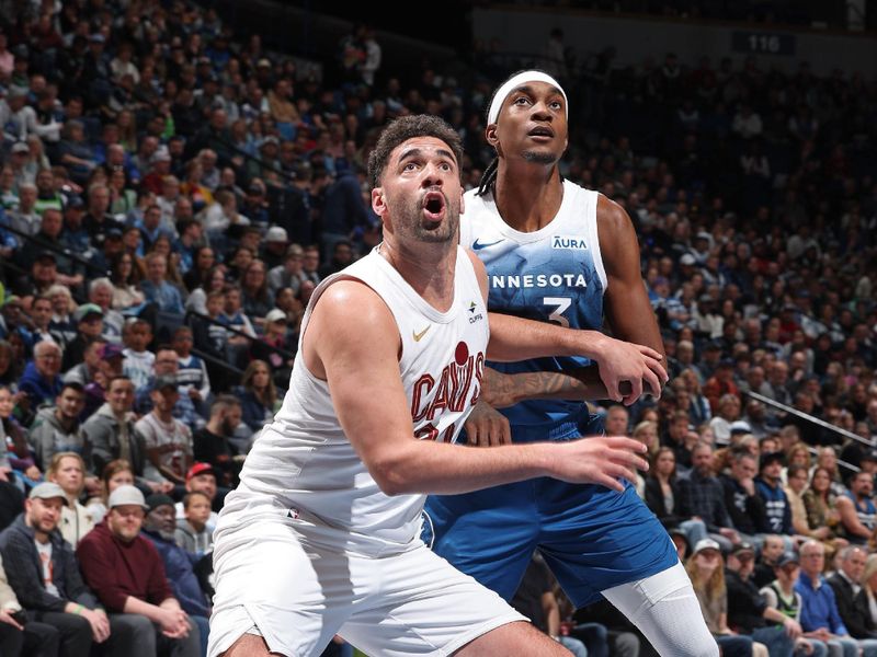 MINNEAPOLIS, MN -  MARCH 22: Georges Niang #20 of the Cleveland Cavaliers boxes out during the game against the Minnesota Timberwolves on March 22, 2024 at Target Center in Minneapolis, Minnesota. NOTE TO USER: User expressly acknowledges and agrees that, by downloading and or using this Photograph, user is consenting to the terms and conditions of the Getty Images License Agreement. Mandatory Copyright Notice: Copyright 2024 NBAE (Photo by David Sherman/NBAE via Getty Images)