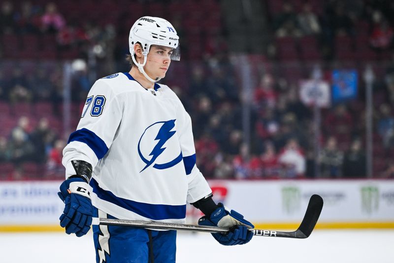 Apr 4, 2024; Montreal, Quebec, CAN; Tampa Bay Lightning defenseman Emil Lilleberg (78) looks on during warm-up before the game against the Montreal Canadiens at Bell Centre. Mandatory Credit: David Kirouac-USA TODAY Sports