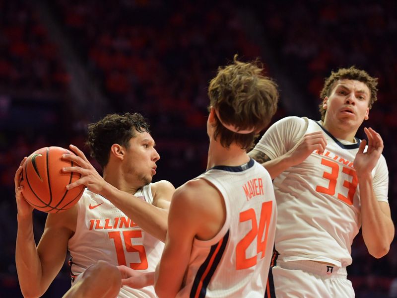 Feb 20, 2023; Champaign, Illinois, USA;  Illinois Fighting Illini guard RJ Melendez (15) pulls away with a rebound  between teammates Matthew Mayer (24) and Coleman Hawkins (33) during the second half against the Minnesota Golden Gophers at State Farm Center. Mandatory Credit: Ron Johnson-USA TODAY Sports