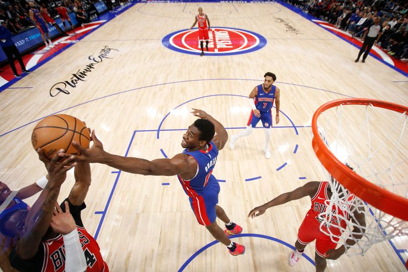 DETROIT, MI - APRIL 11: Jalen Duren #0 of the Detroit Pistons grabs a rebound during the game against the Chicago Bulls on April 11, 2024 at Little Caesars Arena in Detroit, Michigan. NOTE TO USER: User expressly acknowledges and agrees that, by downloading and/or using this photograph, User is consenting to the terms and conditions of the Getty Images License Agreement. Mandatory Copyright Notice: Copyright 2024 NBAE (Photo by Brian Sevald/NBAE via Getty Images)