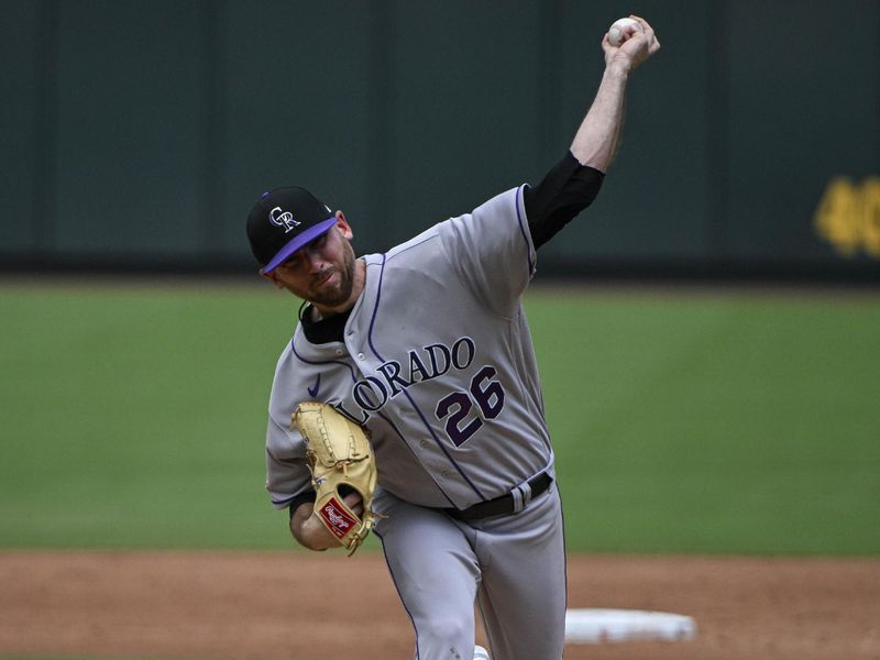 Aug 6, 2023; St. Louis, Missouri, USA;  Colorado Rockies starting pitcher Austin Gomber (26) pitches against the St. Louis Cardinals during the third inning at Busch Stadium. Mandatory Credit: Jeff Curry-USA TODAY Sports