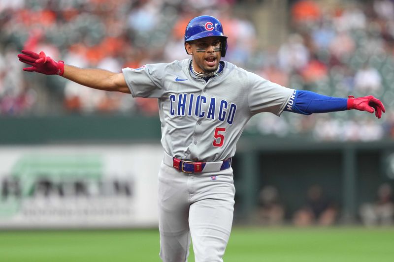 Jul 10, 2024; Baltimore, Maryland, USA; Chicago Cubs third baseman Christopher Morel (5) reacts following his solo home run in the first inning against the Baltimore Orioles at Oriole Park at Camden Yards. Mandatory Credit: Mitch Stringer-USA TODAY Sports