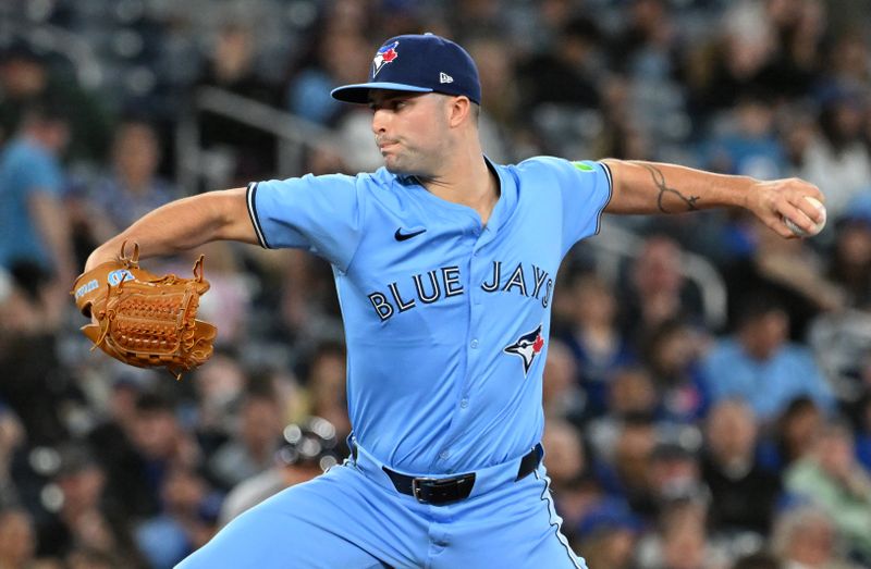 May 1, 2025; Toronto, Ontario, CAN;  Toronto Blue Jays relief pitcher Mason Fluharty (68) delivers a pitch against the Boston Red Sox in the seventh inning at Rogers Centre. Mandatory Credit: Dan Hamilton-Imagn Images