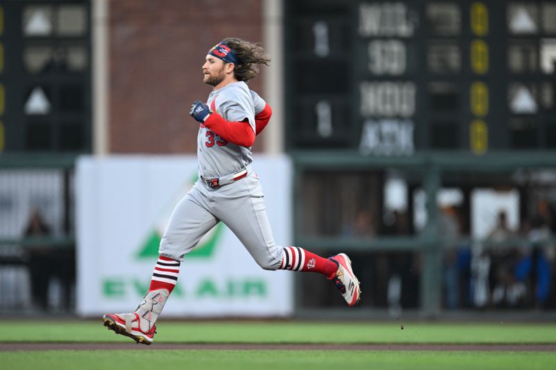 Sep 23, 2025; San Francisco, California, USA; St. Louis Cardinals second baseman Brendan Donovan (33) runs to second against the San Francisco Giants during the first inning at Oracle Park. Mandatory Credit: Eakin Howard-Imagn Images