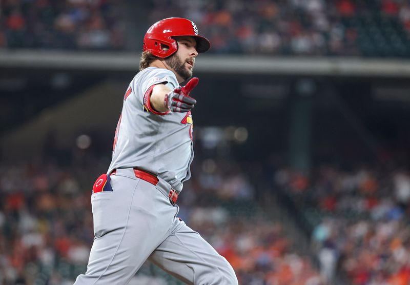 Jun 3, 2024; Houston, Texas, USA; St. Louis Cardinals right fielder Alec Burleson (41) rounds first base after hitting a home run during the first inning against the Houston Astros at Minute Maid Park. Mandatory Credit: Troy Taormina-USA TODAY Sports