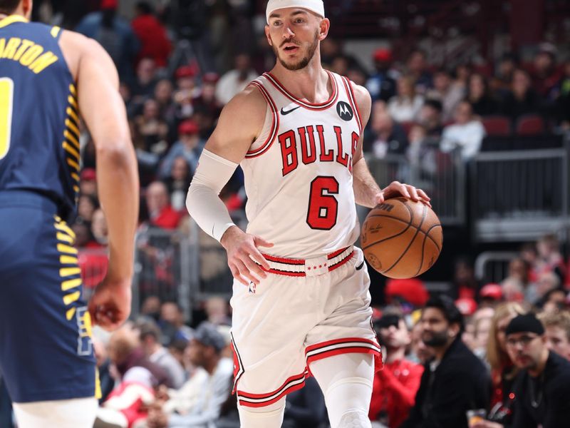 CHICAGO, IL - MARCH 27: Alex Caruso #6 of the Chicago Bulls dribbles the ball during the game against the Indiana Pacers on March 27, 2024 at United Center in Chicago, Illinois. NOTE TO USER: User expressly acknowledges and agrees that, by downloading and or using this photograph, User is consenting to the terms and conditions of the Getty Images License Agreement. Mandatory Copyright Notice: Copyright 2024 NBAE (Photo by Jeff Haynes/NBAE via Getty Images)