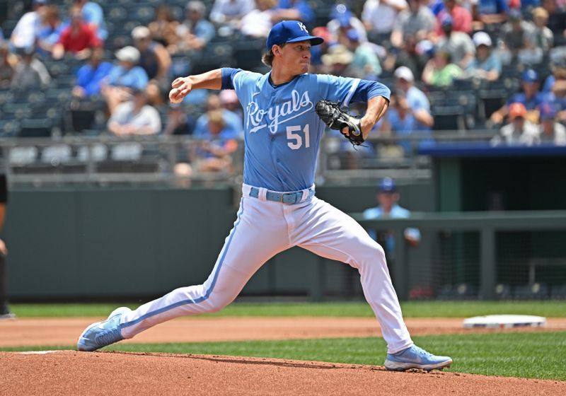 Jul 2, 2023; Kansas City, Missouri, USA;  Kansas City Royals starting pitcher Brady Singer (51) delivers a pitch in the first inning against the Los Angeles Dodgers at Kauffman Stadium. Mandatory Credit: Peter Aiken-USA TODAY Sports