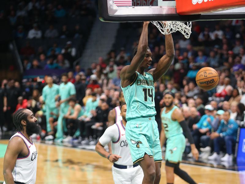 CHARLOTTE, NC - JANUARY 31:  Moussa Diabate #14 of the Charlotte Hornets dunks the ball during the game against the LA Clippers on January 31, 2025 at Spectrum Center in Charlotte, North Carolina. NOTE TO USER: User expressly acknowledges and agrees that, by downloading and or using this photograph, User is consenting to the terms and conditions of the Getty Images License Agreement. Mandatory Copyright Notice: Copyright 2025 NBAE (Photo by Kent Smith/NBAE via Getty Images)