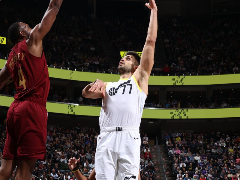 SALT LAKE CITY, UT - APRIL 2: Omer Yurtseven #77 of the Utah Jazz shoots the ball during the game against the Cleveland Cavaliers on April 2, 2024 at Delta Center in Salt Lake City, Utah. NOTE TO USER: User expressly acknowledges and agrees that, by downloading and or using this Photograph, User is consenting to the terms and conditions of the Getty Images License Agreement. Mandatory Copyright Notice: Copyright 2024 NBAE (Photo by Melissa Majchrzak/NBAE via Getty Images)