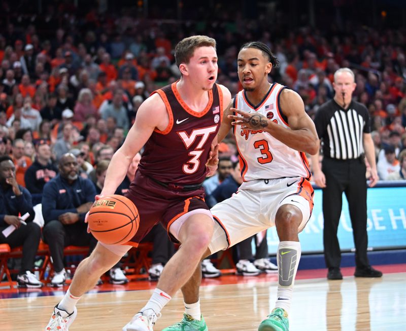 Feb 27, 2024; Syracuse, New York, USA; Virginia Tech Hokies guard Sean Pedulla drives the ball past Syracuse Orange guard Judah Mintz in the first half at the JMA Wireless Dome. Mandatory Credit: Mark Konezny-USA TODAY Sports