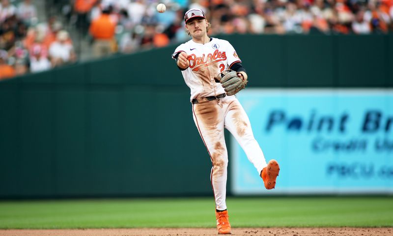 Jun 2, 2024; Baltimore, Maryland, USA; Baltimore Orioles shortstop Gunnar Henderson (2) throws during the eighth inning against the Tampa Bay Rays at Oriole Park at Camden Yards. Mandatory Credit: Daniel Kucin Jr.-USA TODAY Sports