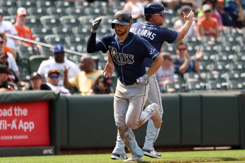 Jun 29, 2025; Baltimore, Maryland, USA; Tampa Bay Rays second baseman Brandon Lowe (8) celebrates after hitting a home run during the ninth inning against the Baltimore Orioles at Oriole Park at Camden Yards. Mandatory Credit: Daniel Kucin Jr.-Imagn Images