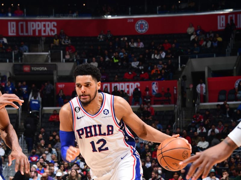 LOS ANGELES, CA - JANUARY 17: Tobias Harris #12 of the Philadelphia 76ers dribbles the ball during the game against the LA Clippers on January 17, 2023 at Crypto.Com Arena in Los Angeles, California. NOTE TO USER: User expressly acknowledges and agrees that, by downloading and/or using this Photograph, user is consenting to the terms and conditions of the Getty Images License Agreement. Mandatory Copyright Notice: Copyright 2023 NBAE (Photo by Adam Pantozzi/NBAE via Getty Images)