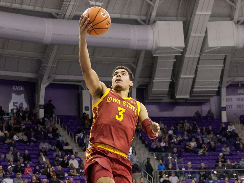 Jan 7, 2023; Fort Worth, Texas, USA; Iowa State Cyclones guard Tamin Lipsey (3) lays the ball in during the second half against the TCU Horned Frogs at Ed and Rae Schollmaier Arena. Mandatory Credit: Andrew Dieb-USA TODAY Sports