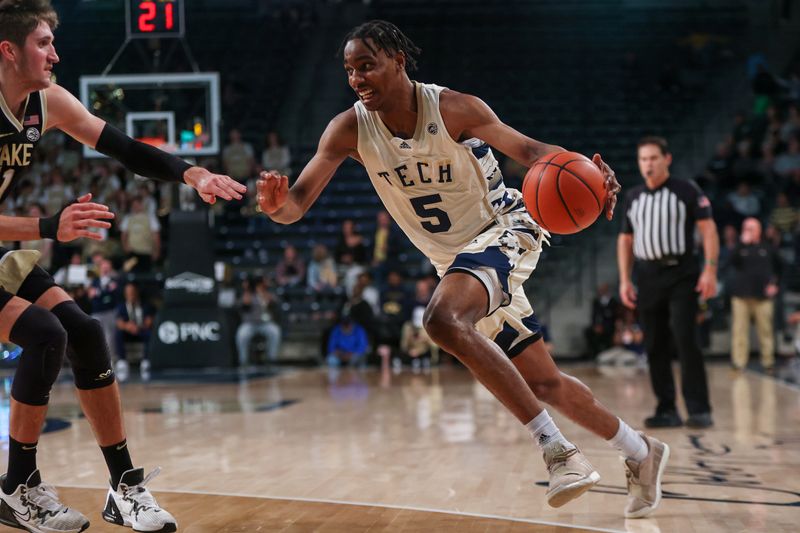 Feb 6, 2024; Atlanta, Georgia, USA; Georgia Tech Yellow Jackets forward Tafara Gapare (5) drives to the basket against the Wake Forest Demon Deacons in the second half at McCamish Pavilion. Mandatory Credit: Brett Davis-USA TODAY Sports
