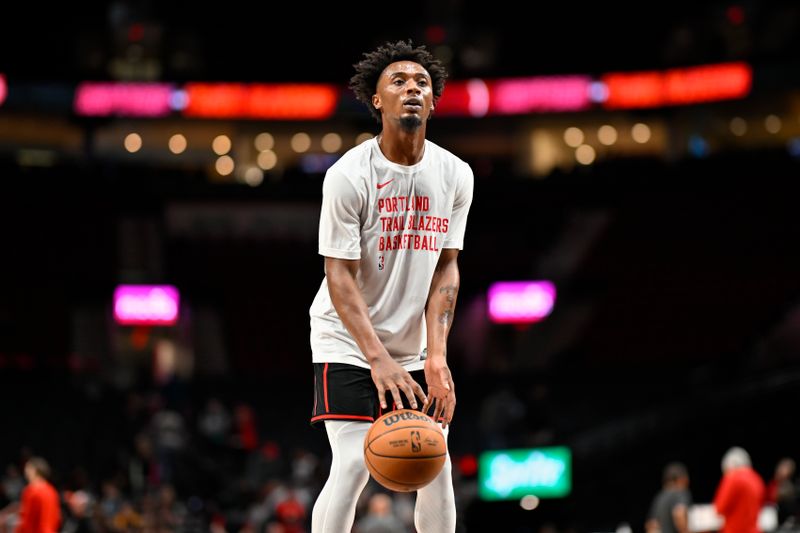 PORTLAND, OREGON - MARCH 09: Ashton Hagans #19 of the Portland Trail Blazers warms up before the game against the Toronto Raptors at the Moda Center on March 09, 2024 in Portland, Oregon. NOTE TO USER: User expressly acknowledges and agrees that, by downloading and or using this photograph, User is consenting to the terms and conditions of the Getty Images License Agreement. (Photo by Alika Jenner/Getty Images)