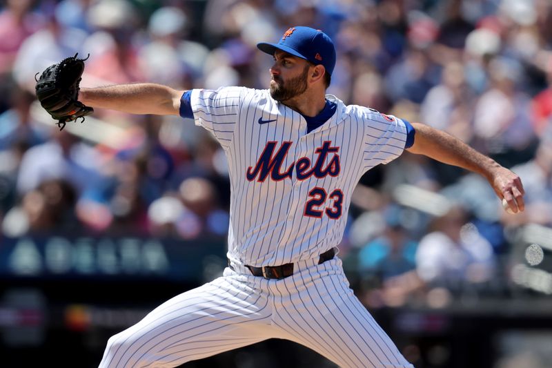 Apr 23, 2025; New York City, New York, USA; New York Mets starting pitcher David Peterson (23) pitches against the Philadelphia Phillies during the fourth inning at Citi Field. Mandatory Credit: Brad Penner-Imagn Images