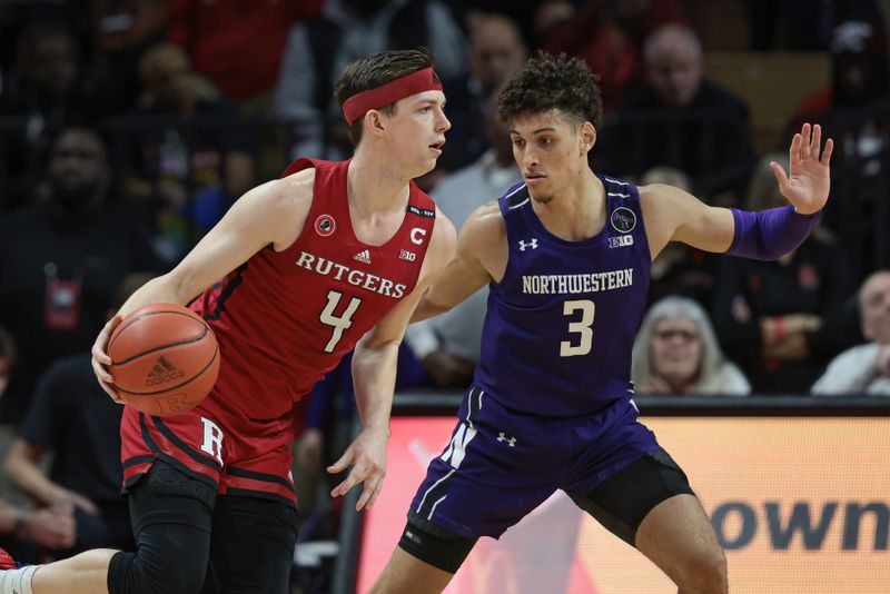 Mar 5, 2023; Piscataway, New Jersey, USA; Rutgers Scarlet Knights guard Paul Mulcahy (4) dribbles as Northwestern Wildcats guard Ty Berry (3) defends during the first half at Jersey Mike's Arena. Mandatory Credit: Vincent Carchietta-USA TODAY Sports