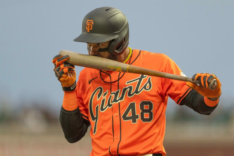 Jul 26, 2024; San Francisco, California, USA;  San Francisco Giants outfielder Derek Hill (48) reacts to his bat after receiving a strike during the second inning against the Colorado Rockies at Oracle Park. Mandatory Credit: Stan Szeto-USA TODAY Sports