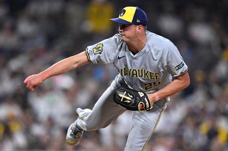 Jun 20, 2024; San Diego, California, USA; Milwaukee Brewers relief pitcher Bradley Blalock (25) pitches against the San Diego Padres during the eighth inning at Petco Park. Mandatory Credit: Orlando Ramirez-USA TODAY Sports