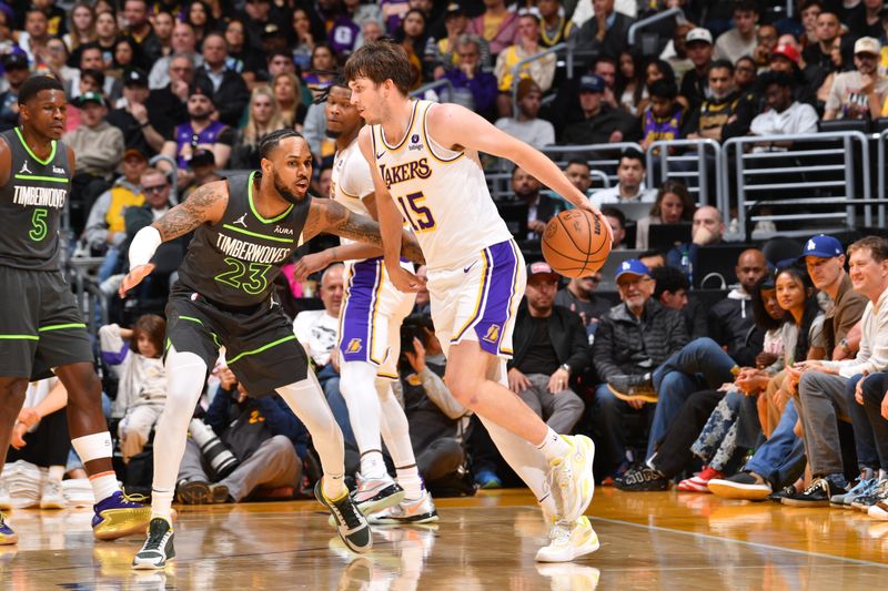 LOS ANGELES, CA - APRIL 7: Austin Reaves #15 of the Los Angeles Lakers dribbles the ball during the game against the Minnesota Timberwolves on April 7, 2024 at Crypto.Com Arena in Los Angeles, California. NOTE TO USER: User expressly acknowledges and agrees that, by downloading and/or using this Photograph, user is consenting to the terms and conditions of the Getty Images License Agreement. Mandatory Copyright Notice: Copyright 2024 NBAE (Photo by Juan Ocampo/NBAE via Getty Images)