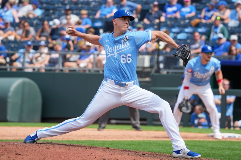 Jun 2, 2024; Kansas City, Missouri, USA; Kansas City Royals pitcher James McArthur (66) delivers a pitch against the San Diego Padres in the ninth inning at Kauffman Stadium. Mandatory Credit: Denny Medley-USA TODAY Sports