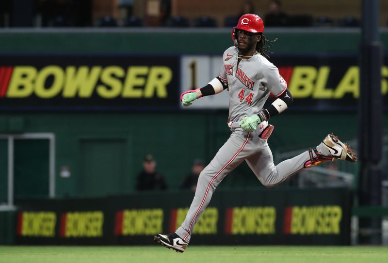 May 19, 2025; Pittsburgh, Pennsylvania, USA;  Cincinnati Reds shortstop Elly De La Cruz (44) runs to second base with an RBI double against the Pittsburgh Pirates during the eighth inning at PNC Park. Mandatory Credit: Charles LeClaire-Imagn Images