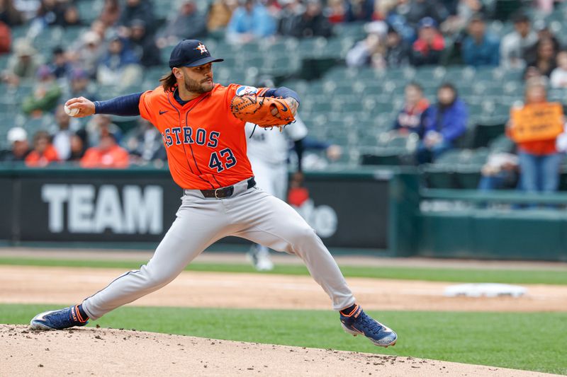 May 4, 2025; Chicago, Illinois, USA; Houston Astros starting pitcher Lance McCullers Jr. (43) delivers a pitch against the Chicago White Sox during the first inning at Rate Field. Mandatory Credit: Kamil Krzaczynski-Imagn Images