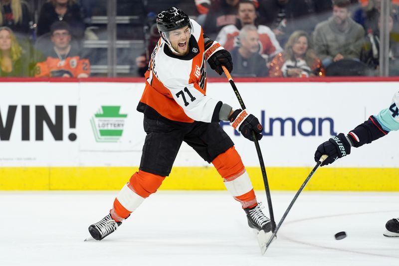 Oct 20, 2025; Philadelphia, Pennsylvania, USA; Philadelphia Flyers right wing Tyson Foerster (71) shoots the puck against the Seattle Kraken in the second period at Xfinity Mobile Arena. Mandatory Credit: Kyle Ross-Imagn Images