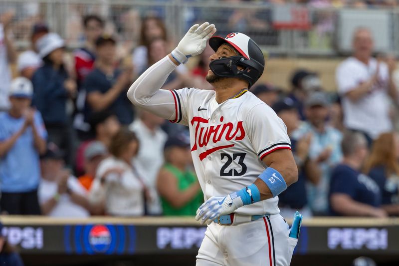 Jun 19, 2024; Minneapolis, Minnesota, USA; Minnesota Twins third baseman Royce Lewis (23) celebrates hitting a solo home run against the Tampa Bay Rays in the fifth inning at Target Field. Mandatory Credit: Jesse Johnson-USA TODAY Sports