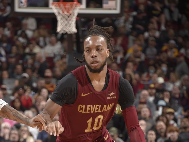 CLEVELAND, OH - MARCH 8: Darius Garland #10 of the Cleveland Cavaliers handles the ball during the game against the Minnesota Timberwolves on March 8, 2024 at Rocket Mortgage FieldHouse in Cleveland, Ohio. NOTE TO USER: User expressly acknowledges and agrees that, by downloading and/or using this Photograph, user is consenting to the terms and conditions of the Getty Images License Agreement. Mandatory Copyright Notice: Copyright 2024 NBAE (Photo by David Liam Kyle/NBAE via Getty Images)