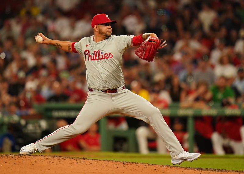 Jun 13, 2024; Boston, Massachusetts, USA; Philadelphia Phillies relief pitcher Jose Ruiz (66) throws a pitch against the Boston Red Sox in the eighth inning at Fenway Park. Mandatory Credit: David Butler II-USA TODAY Sports