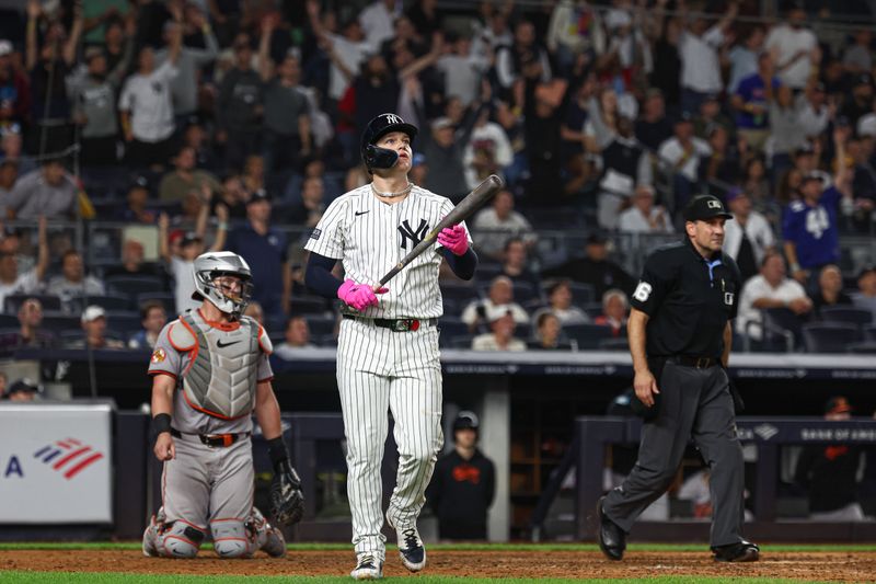 Sep 26, 2024; Bronx, New York, USA; New York Yankees left fielder Alex Verdugo (24) looks up at his solo home run during the eighth inning against the Baltimore Orioles at Yankee Stadium. Mandatory Credit: Vincent Carchietta-Imagn Images