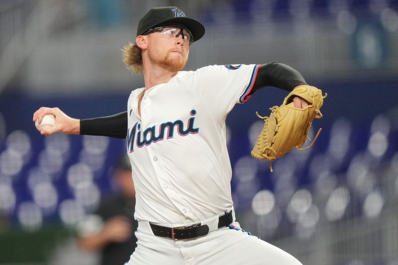 Sep 3, 2024; Miami, Florida, USA;  Miami Marlins pitcher Max Meyer (23) pitches against the Washington Nationals in the first inning at loanDepot Park. Mandatory Credit: Jim Rassol-Imagn Images.