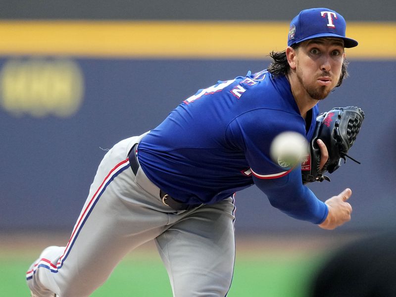 Jun 24, 2024; Milwaukee, Wisconsin, USA; Texas Rangers pitcher Michael Lorenzen (23) throws during the first inning of their game against the Milwaukee Brewers at American Family Field. Mandatory Credit: Mark Hoffman/INDIANAPOLIS STAR-USA TODAY Sports