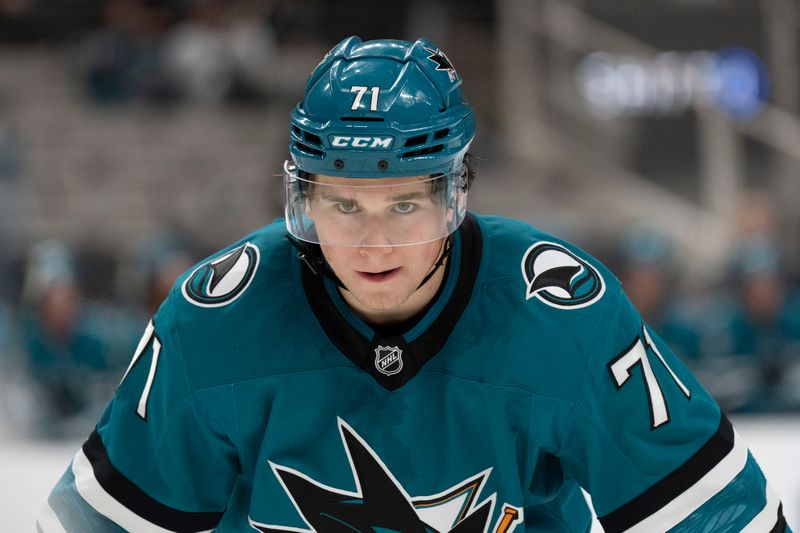 Oct 1, 2024; San Jose, California, USA;  San Jose Sharks center Macklin Celebrini (71) during the second period against the Utah Hockey Club at SAP Center at San Jose. Mandatory Credit: Stan Szeto-Imagn Images
