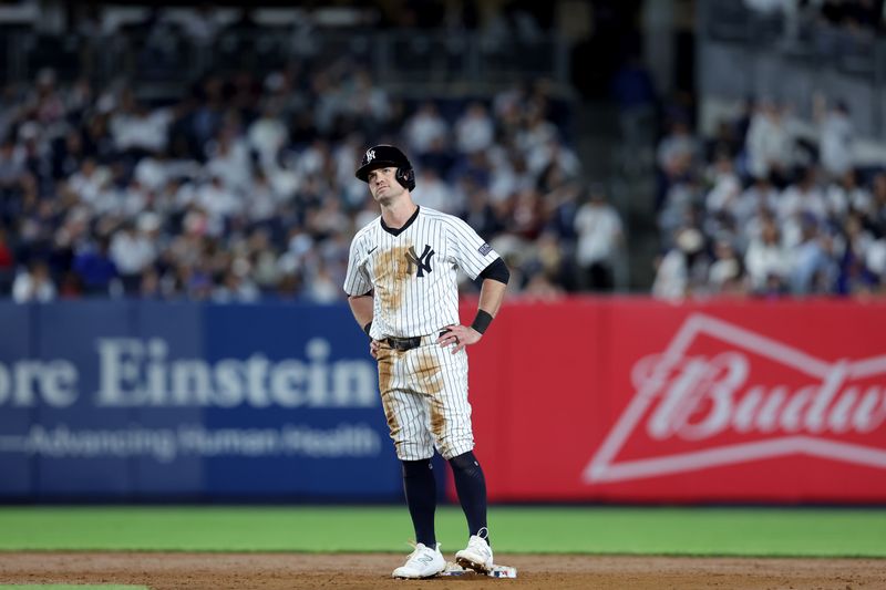 May 20, 2024; Bronx, New York, USA; New York Yankees third baseman Jon Berti (19) reacts after being caught trying to steal second base to end the eighth inning against the Seattle Mariners at Yankee Stadium. Mandatory Credit: Brad Penner-USA TODAY Sports