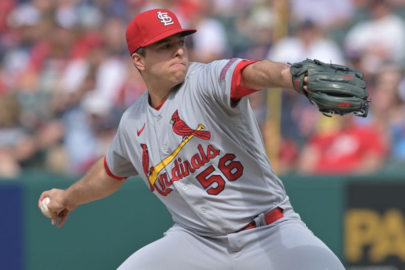 May 28, 2023; Cleveland, Ohio, USA; St. Louis Cardinals relief pitcher Ryan Helsley (56) throws a pitch during the ninth inning against the Cleveland Guardians at Progressive Field. Mandatory Credit: Ken Blaze-USA TODAY Sports