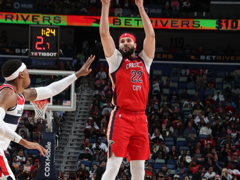 NEW ORLEANS, LA - FEBRUARY 14: Larry Nance Jr. #22 of the New Orleans Pelicans shoots the ball during the game against the Washington Wizards on February 14, 2024 at the Smoothie King Center in New Orleans, Louisiana. NOTE TO USER: User expressly acknowledges and agrees that, by downloading and or using this Photograph, user is consenting to the terms and conditions of the Getty Images License Agreement. Mandatory Copyright Notice: Copyright 2024 NBAE (Photo by Layne Murdoch Jr./NBAE via Getty Images)