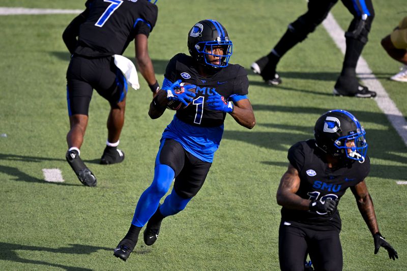 Nov 16, 2024; Dallas, Texas, USA; SMU Mustangs running back Brashard Smith (1) runs with the ball against the Boston College Eagles during the first half at the Gerald J. Ford Stadium. Mandatory Credit: Jerome Miron-Imagn Images