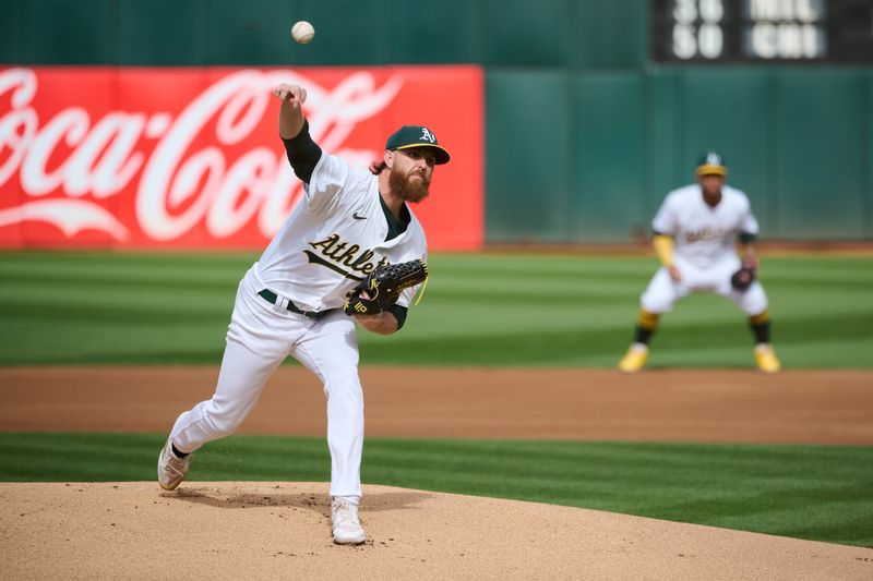 May 4, 2024; Oakland, California, USA; Oakland Athletics starting pitcher Paul Blackburn (58) throws a pitch against the Miami Marlins during the first inning at Oakland-Alameda County Coliseum. Mandatory Credit: Robert Edwards-USA TODAY Sports