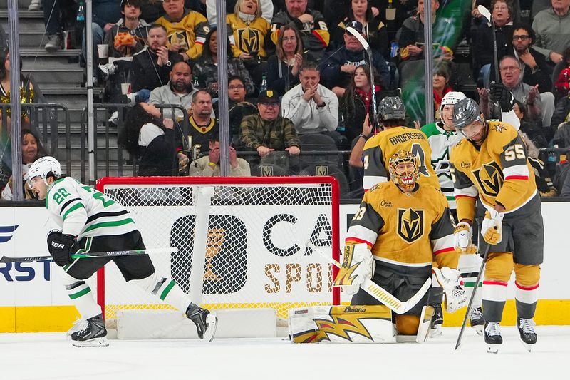 Jan 29, 2026; Las Vegas, Nevada, USA; Dallas Stars center Mavrik Bourque (22) celebrates after scoring a goal against Vegas Golden Knights goaltender Adin Hill (33) during the second period at T-Mobile Arena. Mandatory Credit: Stephen R. Sylvanie-Imagn Images