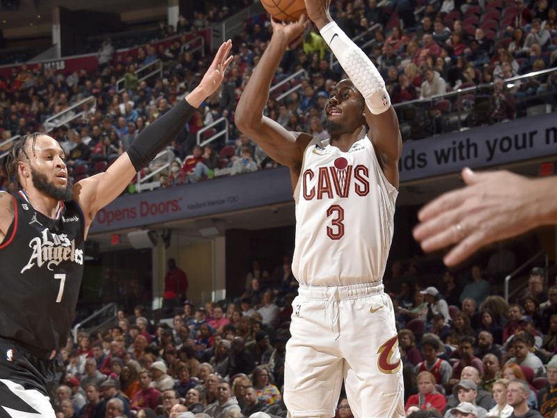 CLEVELAND, OH - JANUARY 29: Caris LeVert #3 of the Cleveland Cavaliers shoots a three point basket during the game against the LA Clippers on January 29, 2023 at Rocket Mortgage FieldHouse in Cleveland, Ohio. NOTE TO USER: User expressly acknowledges and agrees that, by downloading and/or using this Photograph, user is consenting to the terms and conditions of the Getty Images License Agreement. Mandatory Copyright Notice: Copyright 2023 NBAE (Photo by David Liam Kyle/NBAE via Getty Images)