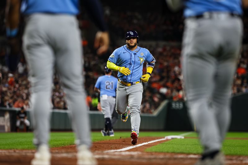 Sep 15, 2023; Baltimore, Maryland, USA; Tampa Bay Rays designated hitter Harold Ramirez (43) rounds the bases after hitting a three run home run against the Baltimore Orioles during the sixth inning at Oriole Park at Camden Yards. Mandatory Credit: Scott Taetsch-USA TODAY Sports