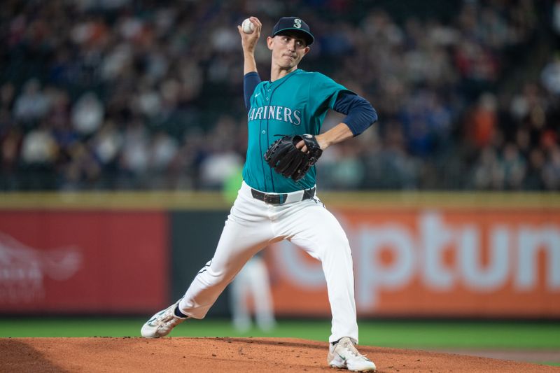 Aug 23, 2024; Seattle, Washington, USA; Seattle Mariners starter George Kirby (68) delivers a pitch during the first inning against the San Francisco Giants at T-Mobile Park. Mandatory Credit: Stephen Brashear-USA TODAY Sports