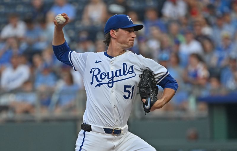 Aug 5, 2024; Kansas City, Missouri, USA;  Kansas City Royals starting pitcher Brady Singer (51) delivers a pitch in the first inning against the Boston Red Sox at Kauffman Stadium. Mandatory Credit: Peter Aiken-USA TODAY Sports