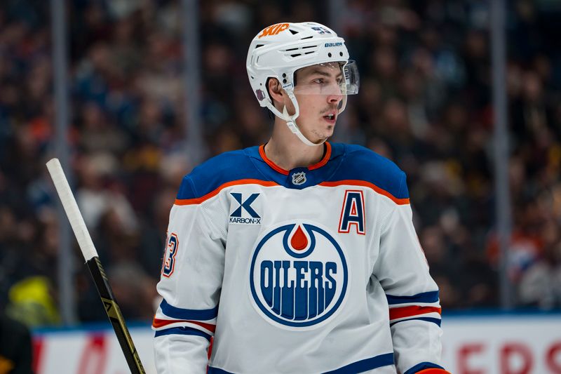 Jan 17, 2026; Vancouver, British Columbia, CAN; Edmonton Oilers forward Ryan Nugent-Hopkins (93) during a stop in play against the Vancouver Canucks in the second period at Rogers Arena. Mandatory Credit: Bob Frid-Imagn Images