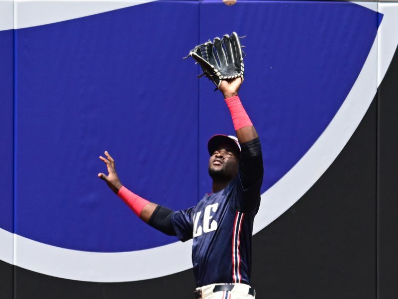 May 22, 2024; Cleveland, Ohio, USA; Cleveland Guardians let fielder Estevan Florial (90) catches a ball hit by New York Mets left fielder Brandon Nimmo (not pictured) during the second inning at Progressive Field. Mandatory Credit: Ken Blaze-USA TODAY Sports
